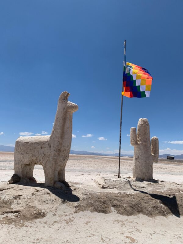 Stone llama and cactus sculptures at Salinas Grandes with colorful flag under blue sky.