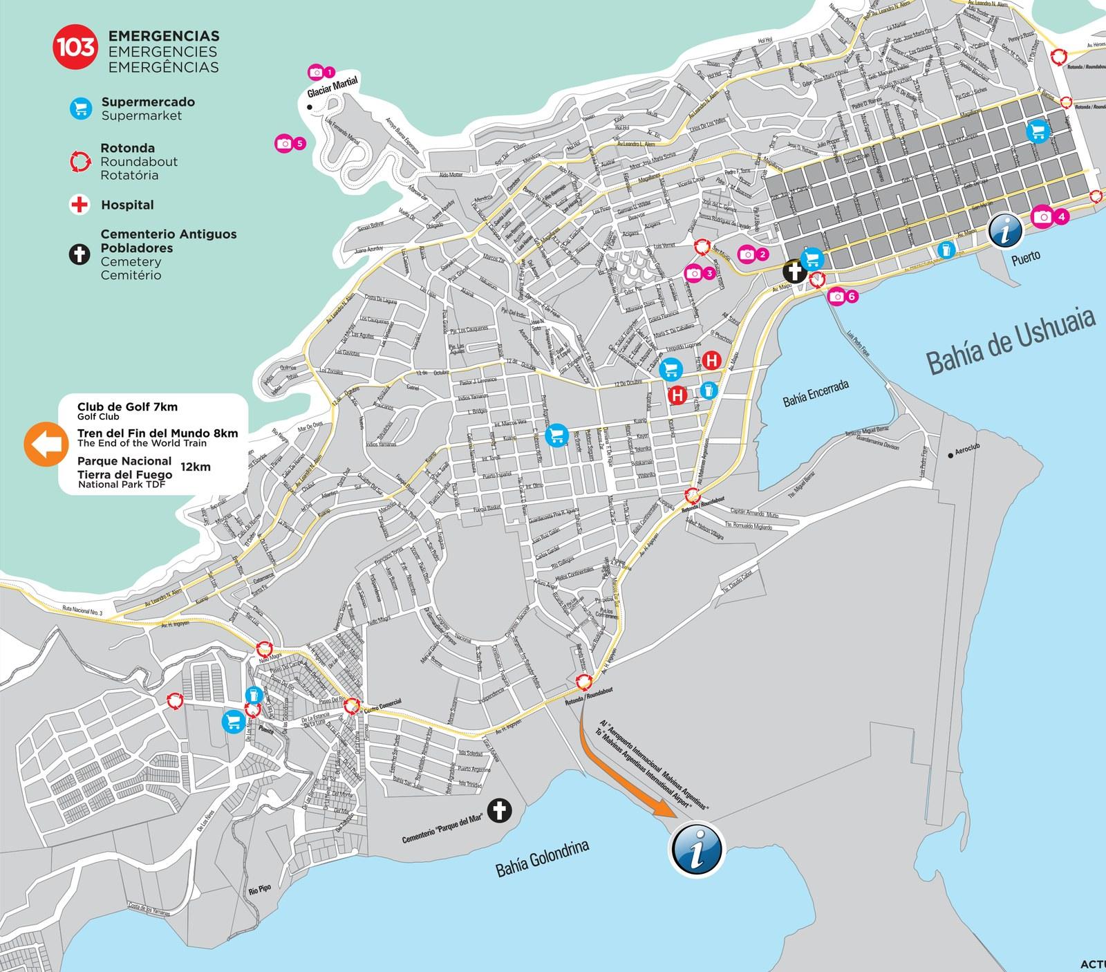 Mapa de la ciudad de Ushuaia con calles y puntos de interés
